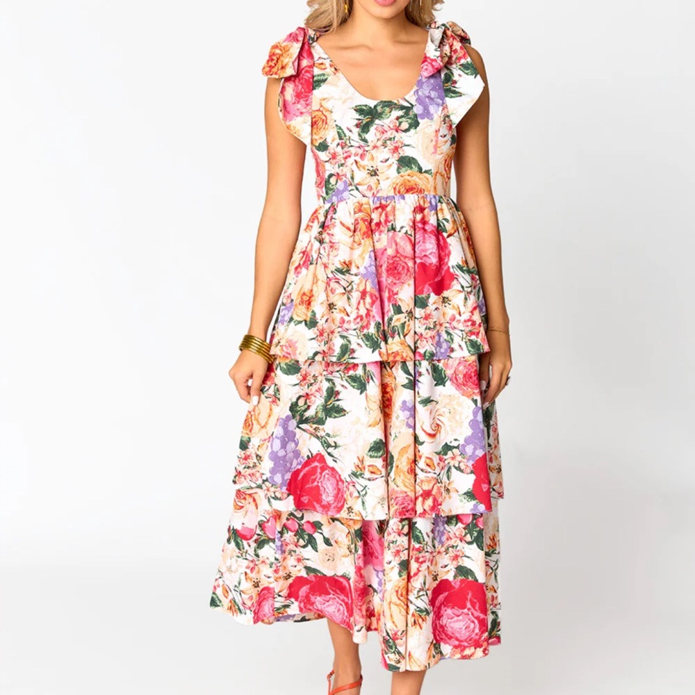 Buddy Love Floral Tiered Maxi Dress in Pink, Red, Purple, Green on Cream